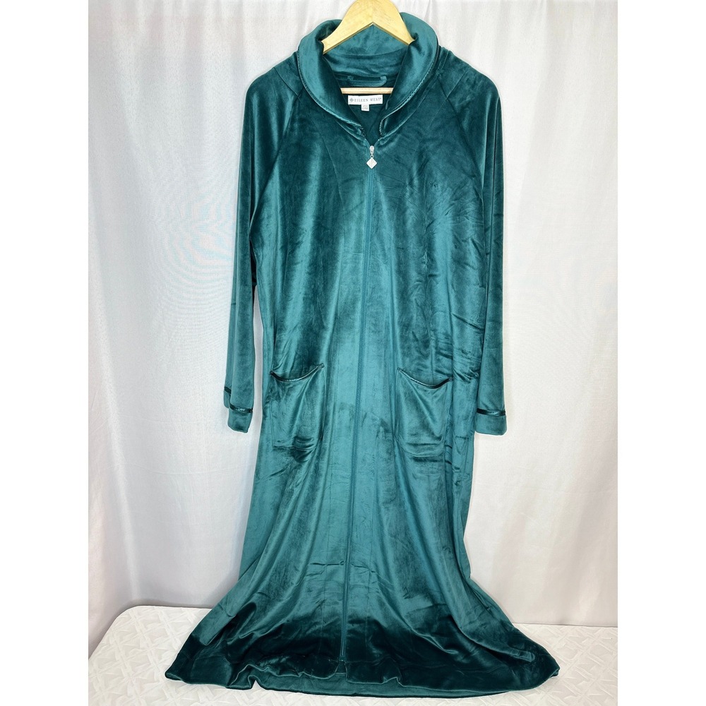 Eileen West Lux Velour Zip Front Green Robe LARGE/XL Leisure Classic Loungewear